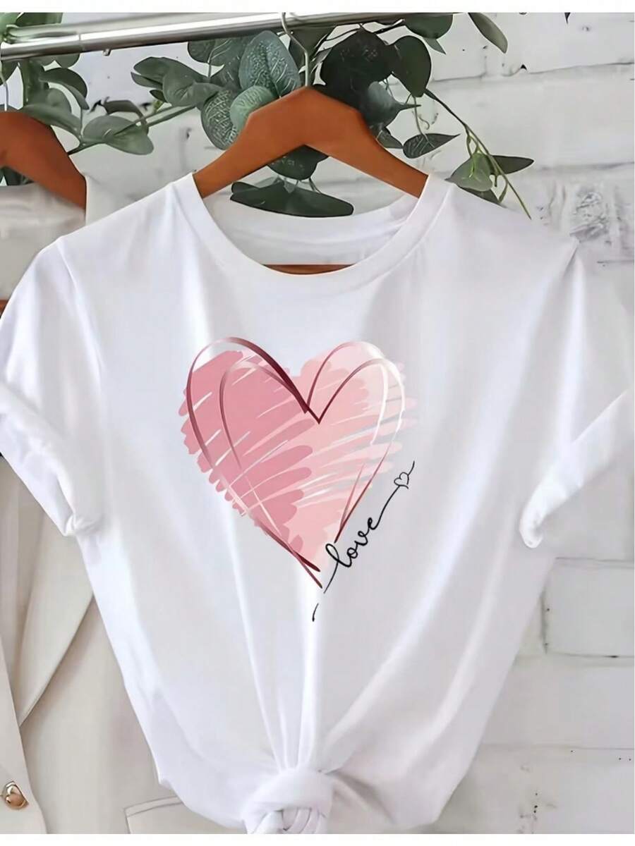 Women's T-Shirt With Heart Graphic Print For Summer And Spring, Short Sleeve, Round Neck, Casual Top, Women's Clothing, Women's Night Out Tops - 白色 - 查看 1
