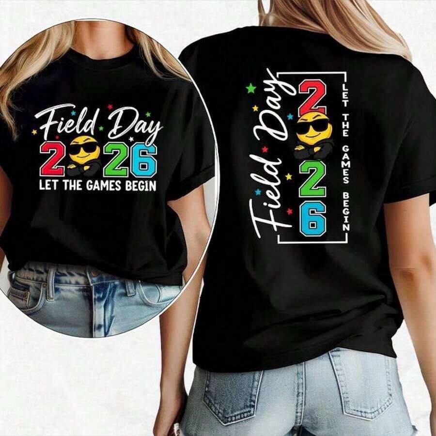Stylish Casual T-Shirt For Women, Stylish Casual T-Shirt For Women, Field Day Let The Games Begin Shirt 2026 Last Day Of School Teacher Tee - 黑色 - 查看 1