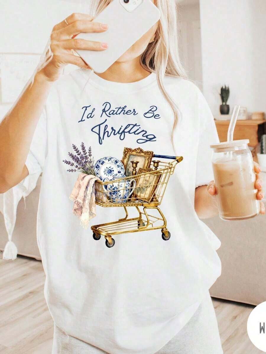 Moda 2026 Para Mujer Camiseta de Algodón Casual de Calidad, Camiseta con Estampado 'Preferiría Ir de Compras de Segunda Mano', Regalo Para Amantes de Antigüedades, Camiseta Gráfica con Estética de Segunda Mano, Atuendo para Amantes de las Compras, Regalos de Boutique, Camiseta Unisex Oversize de Algodón con Cuello Redondo para Primavera y Verano, Súper Suave, Camiseta Transpirable de Verano - Regalo Perfecto para Pascua, Día de San Valentín, Día de la Madre para Mamá, Parejas, Familiares y Amigos, Camiseta Básica Unisex - 3-blanco - Ver 1