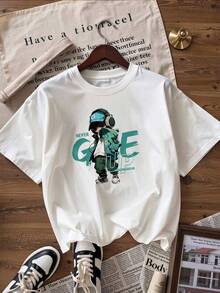 Anime-Style Character T-Shirt With "NEVER GIVE UP" Text.  Short-Sleeved T-Shirt For Spring And Summer 2026, Made In Mexico, 180 Grams. Cartoon Print, Couple Design, Suitable For Indoor Or Outdoor Wear. Crew Neck, Unisex, Ideal For The Office And Leisure. One-Pack. - WH-P631577SLNDXZGY597 - 查看 4