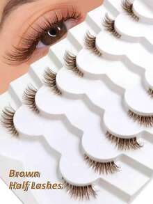 7 Pairs Brown Half-Strip Eyelashes, Cat Eye Effect, Fluffy & Soft, Transparent Lash Band, Natural & Lengthening, Comfortable Reusable, Suitable For Daily Wear, Travel, Party Gift - View 3
