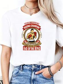 Camiseta Estampada para Mujer con Gráfico de Campeón de Boxeo y Diseño de Guantes Rojos - Camiseta Casual de Manga Corta y Cuello Redondo, con Corte Relajado para Todas las Estaciones, Perfecta para el Uso Diario y Atuendos de Vacaciones (Lavable aáquina). - Blanco - Ver 1