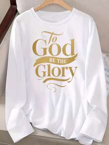 Camiseta Deportiva Casual para Mujer de Manga Larga con Diseño de Texto Ornado en Dorado - Camiseta Elástica de Cuello Redondo, Lavable aáquina, Ajuste Cómodo para Todas las Estaciones, Perfecta para Estilo Casual y Elegante. - Blanco - Ver 1