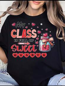 Women's T-Shirt, Women's T-Shirt, My Classroom Is Full Of Sweet Hearts, Teacher T-Shirt For Valentine's Day, Gift For Teachers, Heart Design Classroom T-Shirt - 黑色 - 查看 1