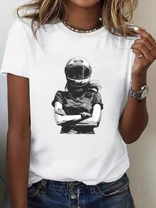 Women's T-Shirt: An Interesting Short-Sleeved T-Shirt With A Biker Girl Print, A Casual And Modern T-Shirt For Women, A Stylish And Unique T-Shirt With A Comfortable Round Neck Print, A Suitable T-Shirt For Gifting, A Comfortable And Breathable Sports T-Shirt For Women. - 黑色 - 查看 7