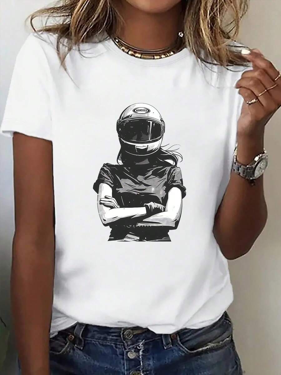 Women's T-Shirt: An Interesting Short-Sleeved T-Shirt With A Biker Girl Print, A Casual And Modern T-Shirt For Women, A Stylish And Unique T-Shirt With A Comfortable Round Neck Print, A Suitable T-Shirt For Gifting, A Comfortable And Breathable Sports T-Shirt For Women. - 白色 - 查看 1