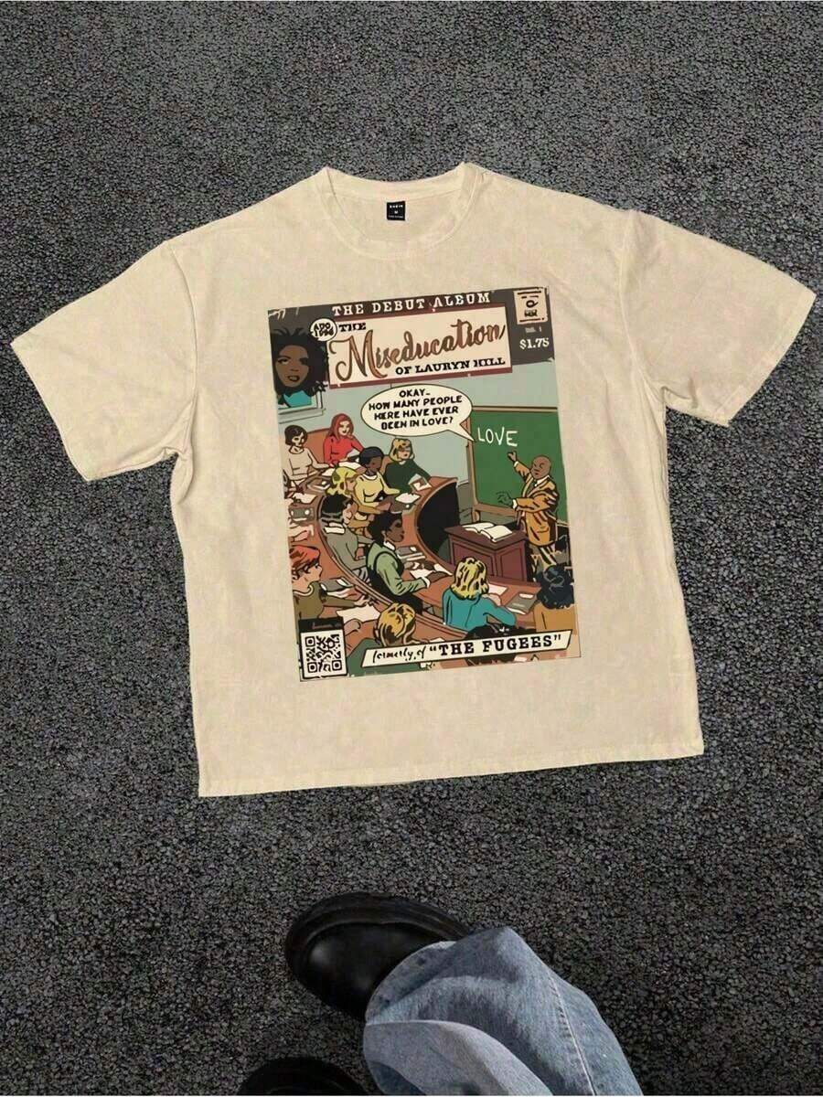 Break The System The Miseducation Of Lauryn Hill Plus Size Graphic T-Shirt, Apricot Color, Women's Summer Casual Printed T-Shirt, Ideal For Beach And Vacation, Crew Neck Loose Fit T-Shirt, 100% Cotton, Soft Fabric, Short Sleeve - 杏色 - 查看 1