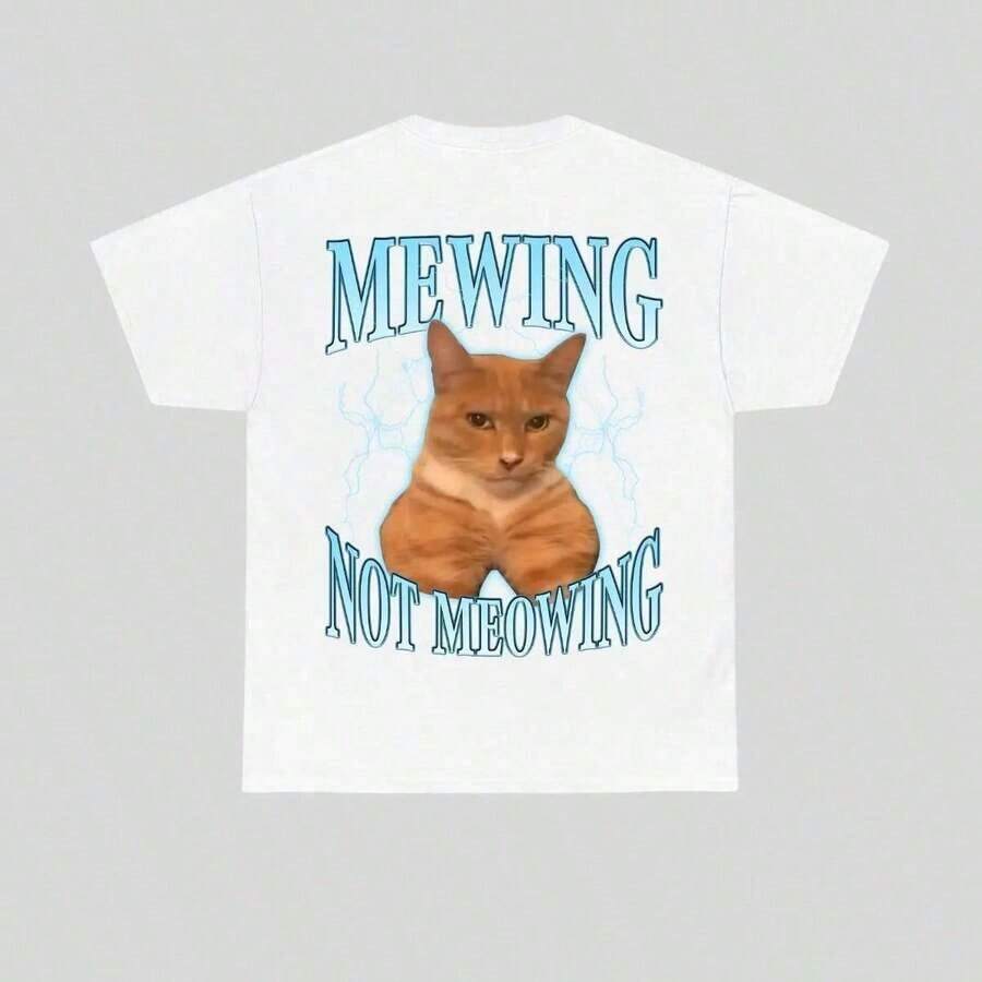 Camiseta de Verano 2026 con Divertido Meme de Gato - Mewing LooksMax, Camiseta con Gráfico de Gato Maullando, Prenda Unisex de Algodón para Hombres y Mujeres, Camiseta Retro Urbana para Uso Diario, Camiseta Elegante adecuada para fiestas. - Blanco - Ver 1