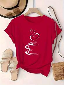 Nueva Camiseta de Talla Grande para Mujer, Camiseta Deportiva Estampada de Manga Corta para Primavera/Verano/Otoño, Ropa de Mujer, Top Casual de Cuello Redondo, Hecha de Cómoda Fibra de Poliéster y Algodón - Rojo - Ver 2