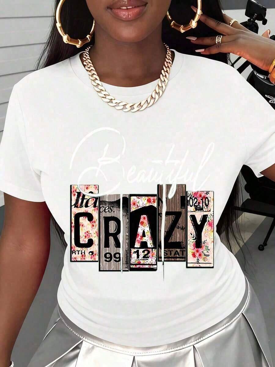 1 Piece Of Printed T-Shirt With Floral Design And Wood Texture In Black, Casual Women's Clothing, Ideal For Daily Wear And Outings, 180g, 100% Cotton. - 白色的 - 查看 1
