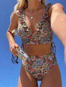 Conjunto de camiseta de tirantes y bikini con estampado floral ditsy para mujer, ideal para vacaciones románticas en la playa, nuevas llegadas de moda primavera/verano 2026: estilos de Año Nuevo, estilos de San Valentín, estilos de vuelta al col - Multicolor 2 - Ver 5