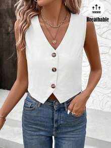 Blusa informal sin mangas de unicolor para oficina en verano, blusas sin mangas - Blanco - Ver 8