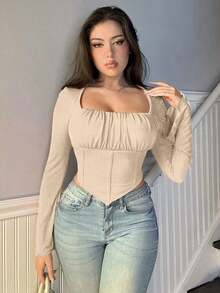 Elegante camiseta de manga abullonada con pliegues brillantes, versátil para citas y vacaciones - Albaricoque - Ver 6