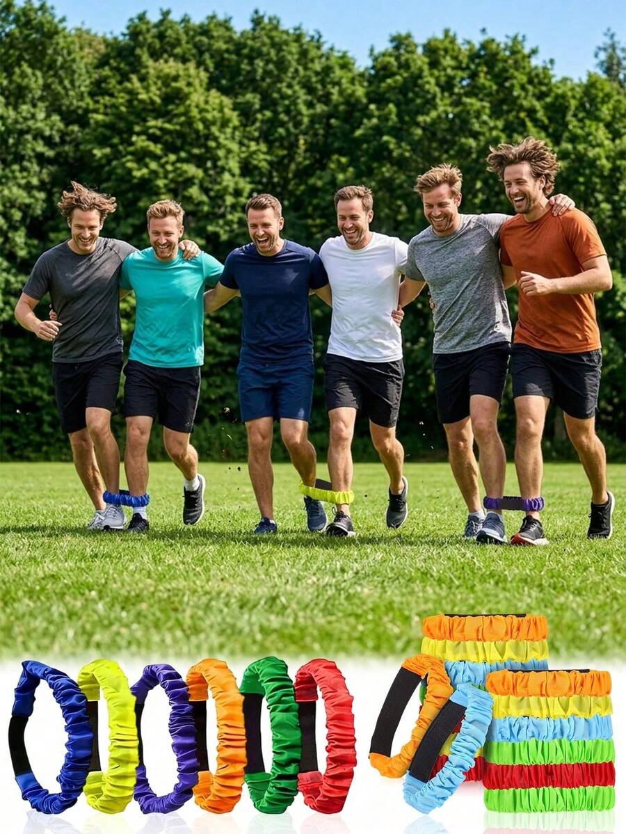 OBOVAY 4 Stücke Set elastische 3-Bein-Rennbänder, verstellbare Beinbänder für Partyspiele, bunte Beinbänder, Outdoor-Team-Challenge-Spiel Gürtelsatz, Familienunterhaltung und Outdoor-Aktivitäten, Mehrfarbig (Mischfarben) Partyzubehör, geeignet für Erwachsene und Familien - A - Übersicht 1