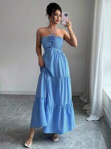 Vestido de playa largo a rayas con decoración de flores 3D para mujeres, Verano 2025 - Azul y blanco - Ver 5