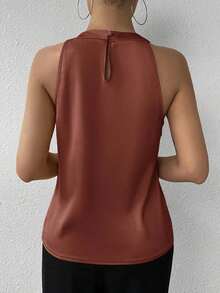 Privé Blusa de satén sin mangas con cuello de volantes de unicolor elegante para la oficina y el trabajo, color champán - Óxido marrón - Ver 2