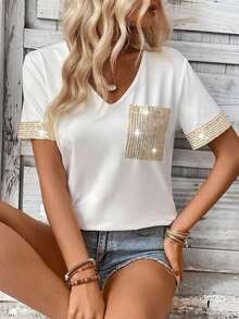 LUNE Camiseta de mujer casual de manga corta con cuello en V, parches y lentejuelas - Blanco 2 - Ver 4
