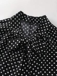 Blusa de manga corta holgada, casual, elegante, dulce y retro con estampado de lunares, cuello con volantes y talla grande para primavera/verano - Multicolor - Ver 6