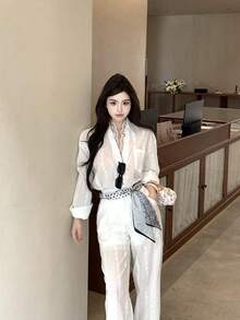 Áo blouse tay dài cài nút trước phối ren tương phản phong cách Old Money thanh lịch cho phụ nữ trưởng thành, màu trắng - trắng - Xem 3
