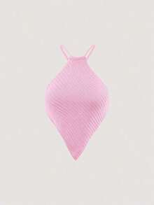 Blusa de punto de mujer de verano con cuello halter, dobladillo asimétrico y unicolor - Rosa Pálido - Ver 1