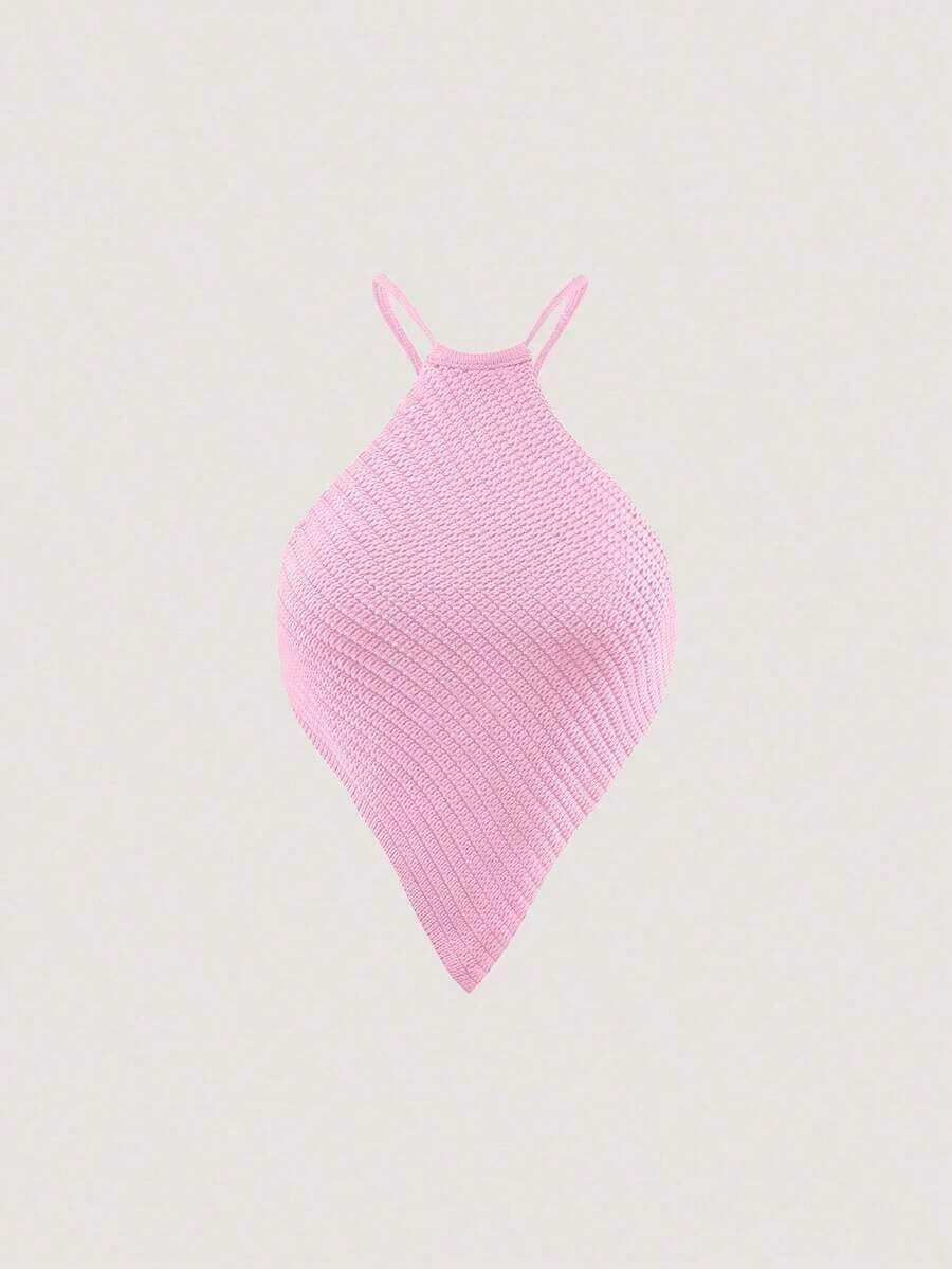 Blusa de punto de mujer de verano con cuello halter, dobladillo asimétrico y unicolor - Rosa Pálido - Ver 1