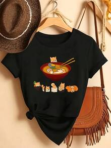 Limited Time Offer, Limited Quantities, Flash ! Women's Casual Shirts, Women's Polyester T-Shirts, Stylish Shirts. Kawaii Japanese Ramen T-Shirt, 1 Piece - Short-Sleeve, Crew-Neck T-Shirt With Adorable Pet And Ramen Print, Loose-Fitting Polyester, Machine Washable, Suitable For Everyday Wear, Casual Japanese-Style Blouse For Outfits - 黑色 - 查看 1