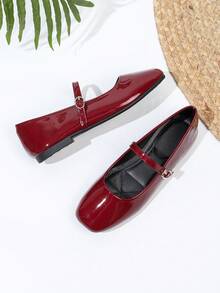 French Square Toe Mary Jane Shoes, Versatile - Burgundy - View 5
