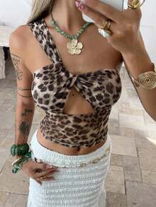 Camiseta sin mangas ajustada con tiras cruzadas huecas, estilo sexy y casual para mujer, Y2K - Marrón - Ver 1