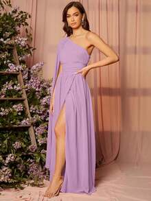 1 pieza Vestido de dama de honor con un solo hombro drapeado, elegante vestido de manga larga - Púrpura malva - Ver 4