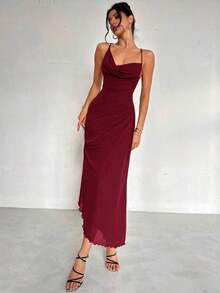 Vestido de estilo elegante y romántico para mujer, adecuado para fiesta, vacaciones, vuelta al colegio, cita romántica y boda, vestido de fiesta con escote en pico, cuello halter, espalda descubierta, efecto fruncido y lazo - Burdeos - Ver 2