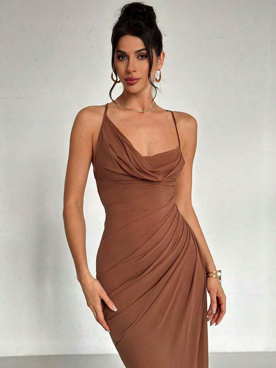 elegante y romántico de estilo elegante y sexy para mujer, adecuado para fiesta, vacaciones, vuelta al colegio, cita romántica y boda, vestido de fiesta, vestido largo con cuello drapeado, espalda descubierta y volantes con lazo - Café integral - Ver 1