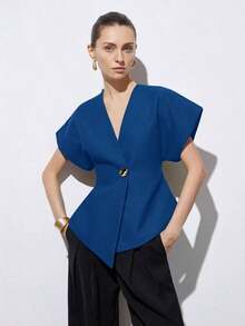 Chaqueta de mujer con cuello en V elegante, hombros anchos, bajo asimétrico, botones decorativos y mangas cortas, diseño minimalista y versátil para el uso diario - Azul - Ver 8