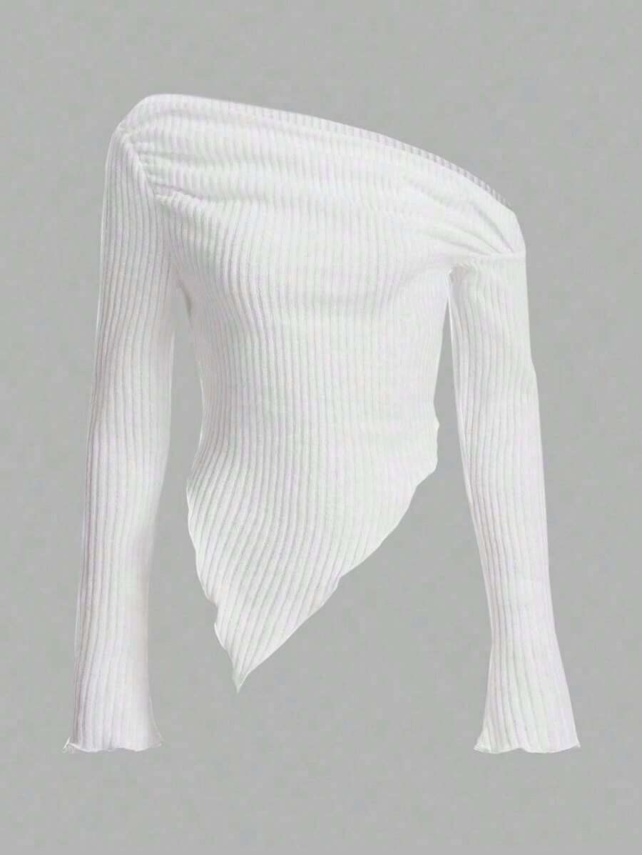 ICON Camiseta con cuello asimétrico y borde de diente de lechuga, estilo Y2K Grunge - Blanco - Ver 1