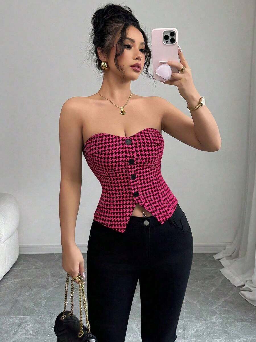 Top corto sin mangas con botones delanteros y estampado de pata de gallo, para uso en oficina o viajes, de moda para el verano - Rosa Fucsia - Ver 1