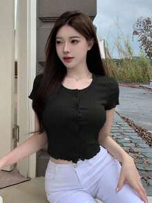Camiseta de manga corta de canalé de ajuste ceñido con cuello redondo, crop tops para mujer - Negro - Ver 4