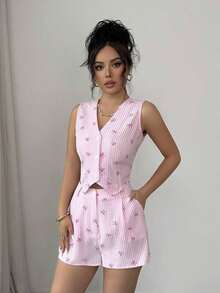 Conjunto de 2 piezas de chaleco y shorts casuales a rayas para mujer de verano - Rosa - Ver 4