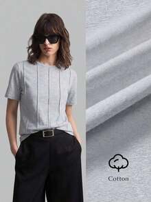 2026 Primavera/Verano Camiseta casual de mujer de manga corta con diseño de rayas de unicolor y cuello redondo, adecuada para el estilo casual urbano, la moda minimalista, el transporte urbano, la sencillez elegante, el Día del Maestro, la tela de p - Gris - Ver 9