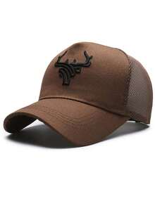 1pc Men's Deer Antler Embroidered Baseball Mesh Cap, Adjustable Outdoor Sun Protection Casual Hat Suitable For Spring/Summer Travel, Beach, Party - A - View 3