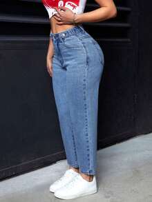 Pantalones vaqueros informales de mujer con bolsillos de forma cónica y multiusos - Azul lavado medio 2 - Ver 1