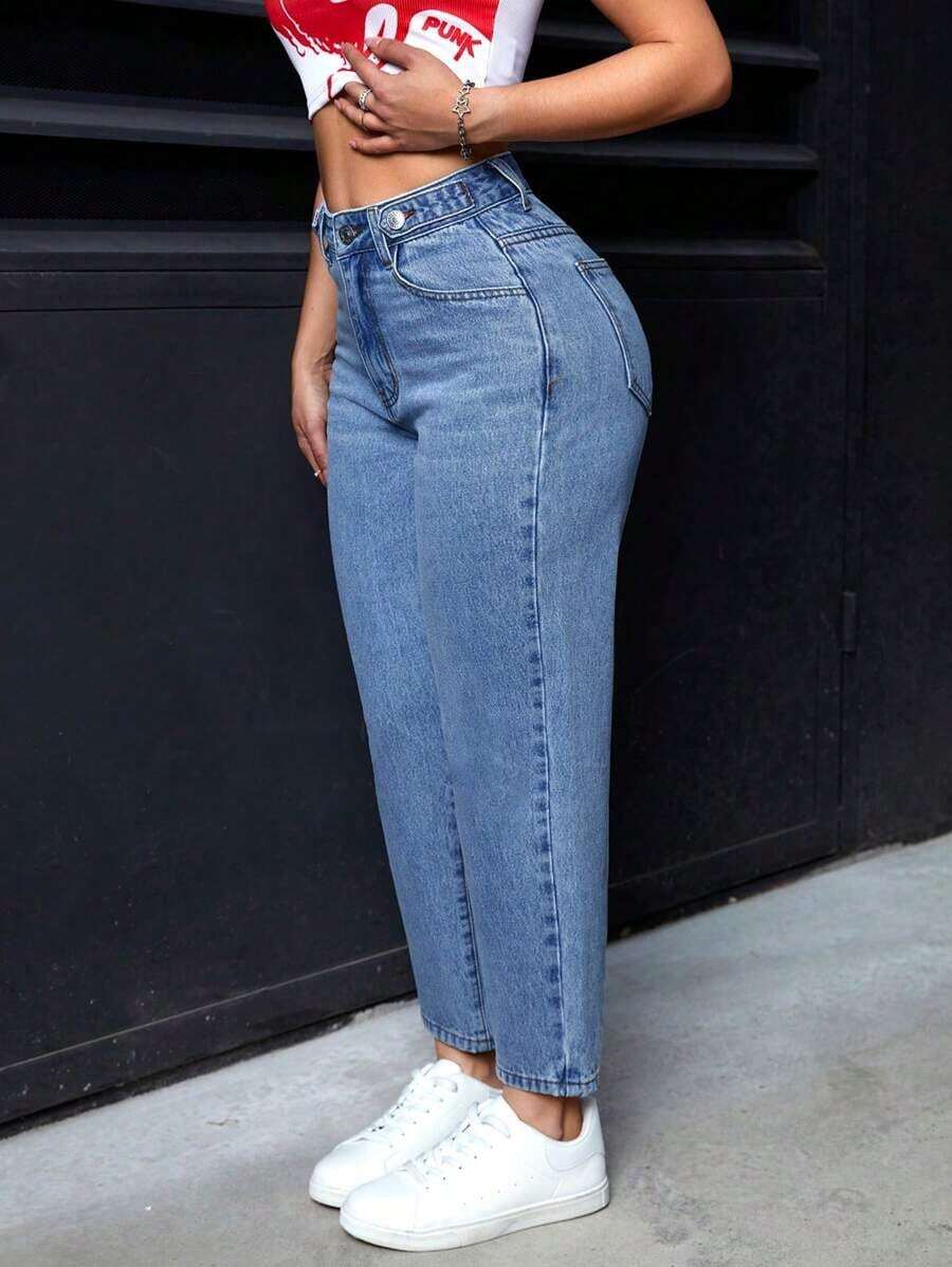 Pantalones vaqueros informales de mujer con bolsillos de forma cónica y multiusos - Azul lavado medio 2 - Ver 1