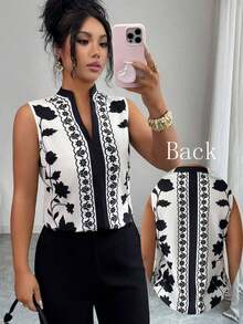 Blusa con cuello en V, estampada y sin mangas con cierre a media altura - Multicolor 5 - Ver 7