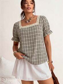 Blusa de manga corta con cuello cuadrado y parches de encaje de talla grande, blusa de manga abullonada - Negro - Ver 6