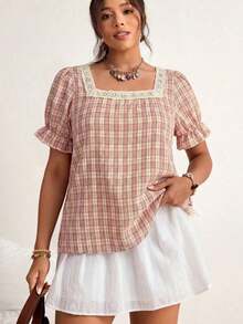 Blusa de manga corta con cuello cuadrado y parches de encaje de talla grande, blusa de manga abullonada - Rojo - Ver 3