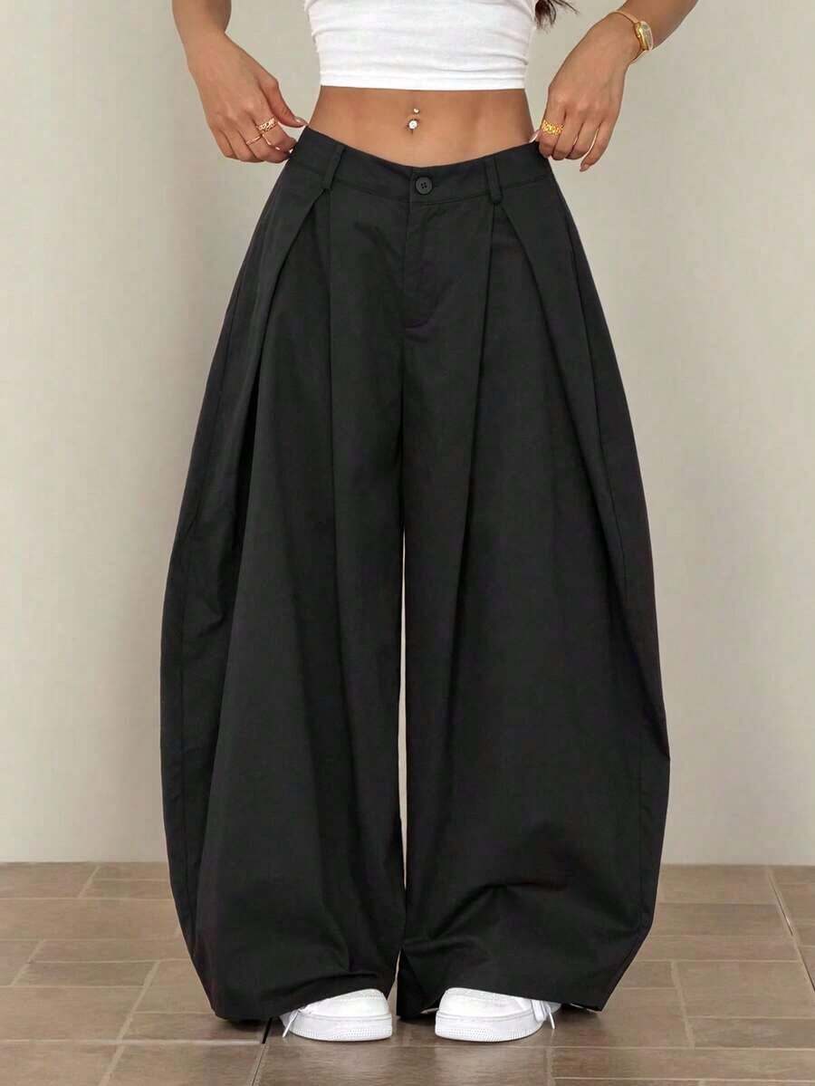 Pantalones anchos de verano con dobladillo curvo verde, estilo vintage, casual y para salir - Negro - Ver 1