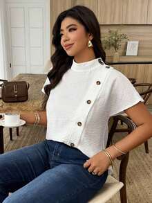 Weeklong Camisa suelta con botones y bordado de ojetes asimétrico, atuendo casual para diario/vacaciones, ropa de oficina - Blanco - Ver 6