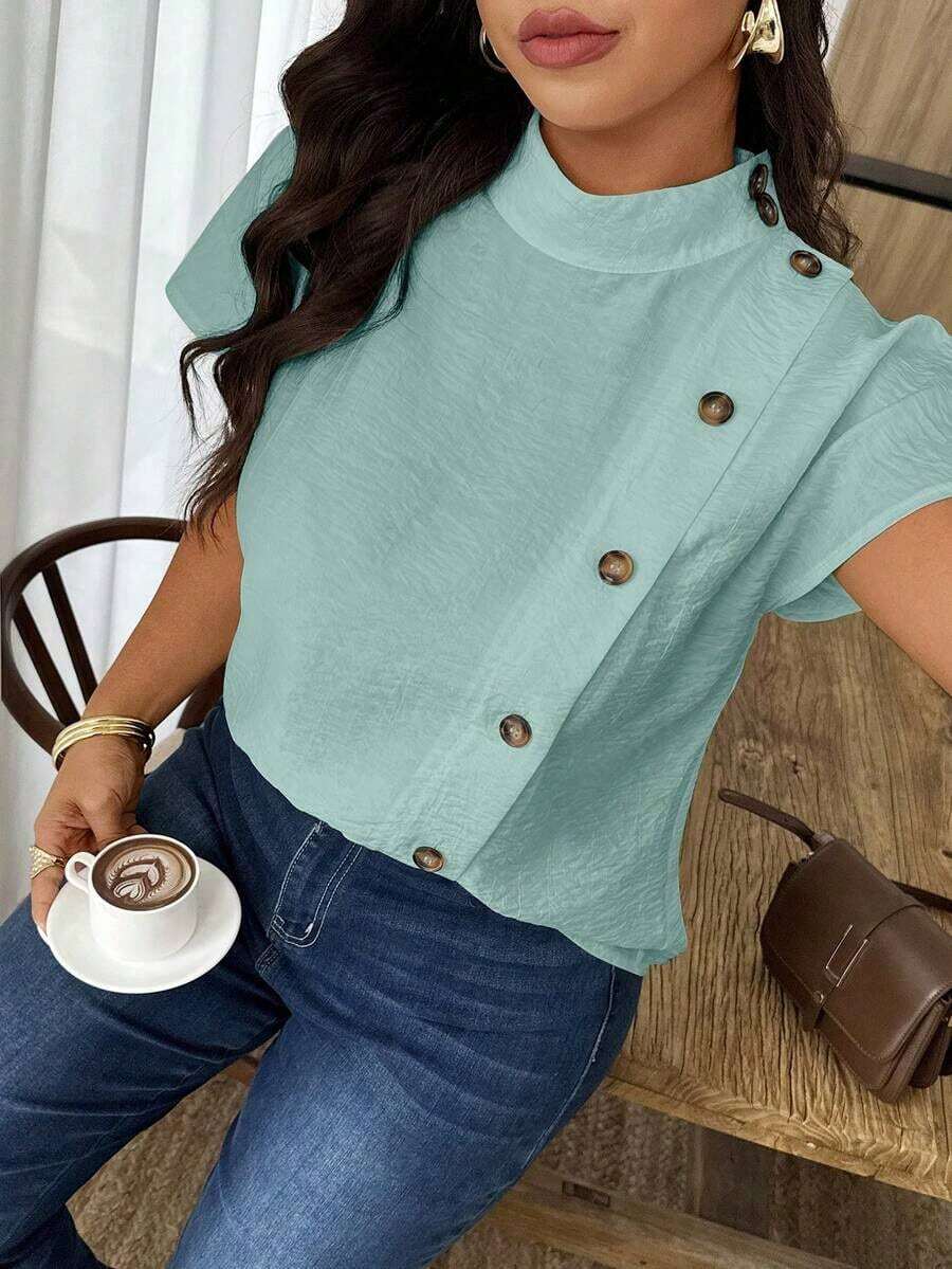 Weeklong Camisa suelta con botones y bordado de ojetes asimétrico, atuendo casual para diario/vacaciones, ropa de oficina - verde menta - Ver 1