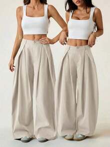 Pantalones anchos de verano con dobladillo curvo verde, estilo vintage, casual y para salir - Beis - Ver 4