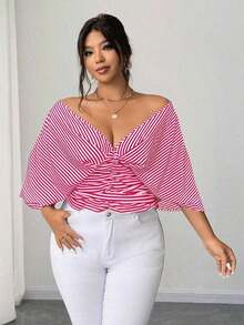 Vestido tipo camisa sin mangas a rayas azul de talla grande, cintura entallada, versátil y elegante - Rosa Fucsia - Ver 6
