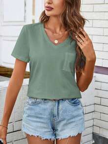 Camiseta de mujer cómoda de algodón, informal, con bolsillo, cuello en V, versátil y de moda - Verde - Ver 4
