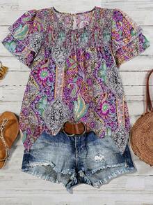 Blusa casual de mujer talla grande de unicolor con cuello redondo, mangas de doble capa, corta, plisada, versátil y de moda para el verano y vacaciones - Púrpura malva - Ver 5